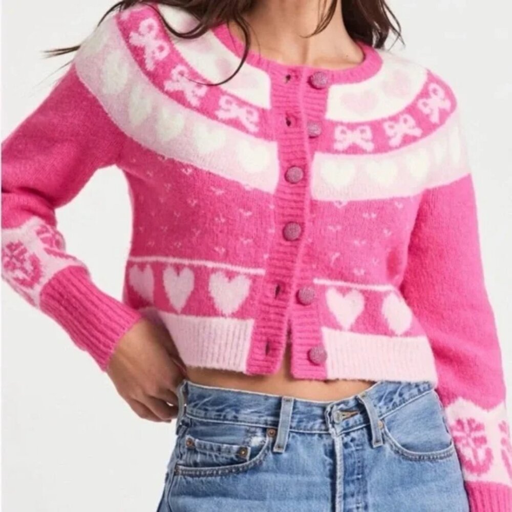 LoveShackFancy Dimples Crop Cardigan Dainty Cute Jacquared Pink Hearts Ribbons M